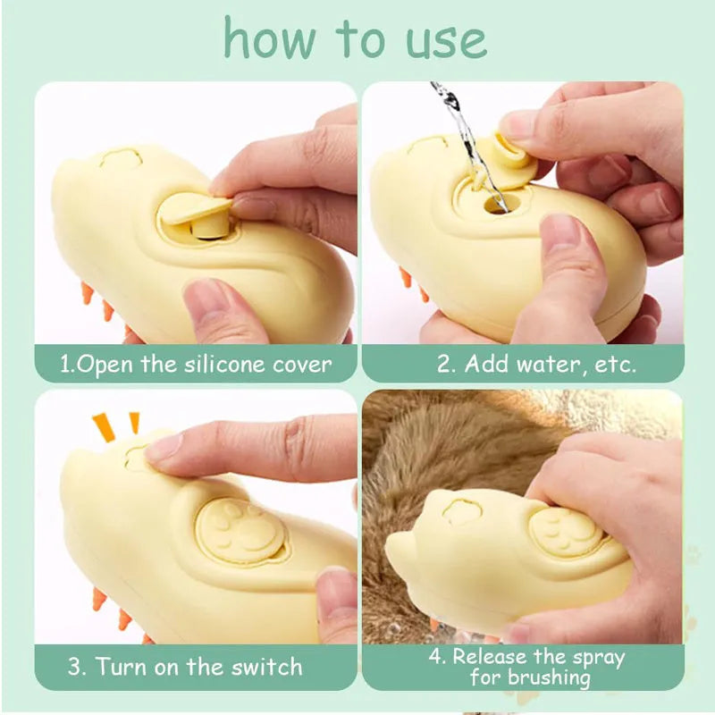 Cat Steamy Brush 3-in-1 Spray Comb showing steam function, pet-shaped design, and grooming application on animal coat