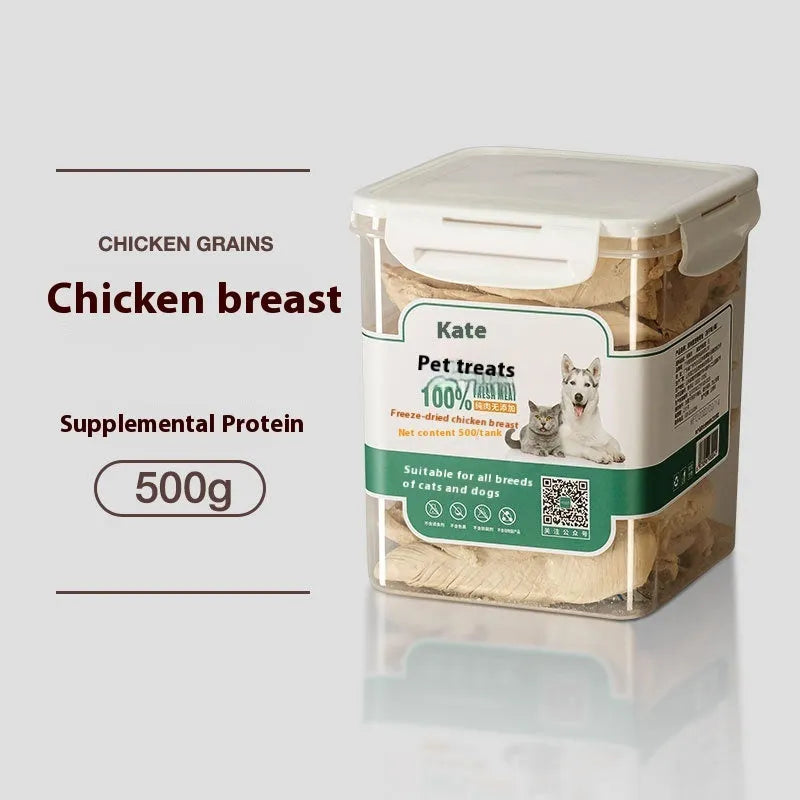 500g chicken freeze-dried cat treats in bagged and barrel packaging formats