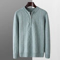 Men's diamond lattice pattern pure wool sweater with half zipper in dark camel colour showing texture and fit