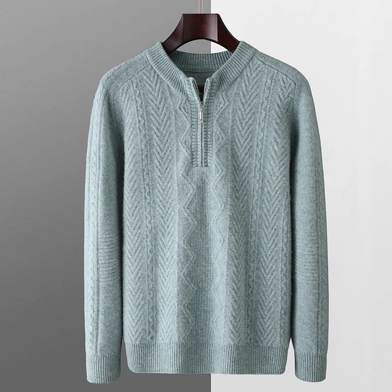 Men's diamond lattice pattern pure wool sweater with half zipper in dark camel colour showing texture and fit