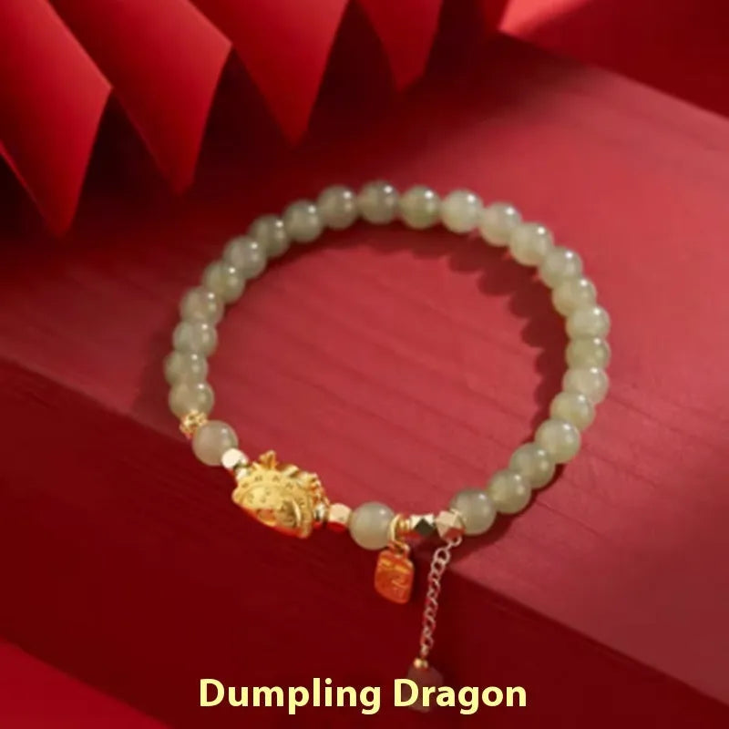 Hetian jade and red agate bracelet with dragon motif, 8mm beads, 925 silver and 14k gold plating