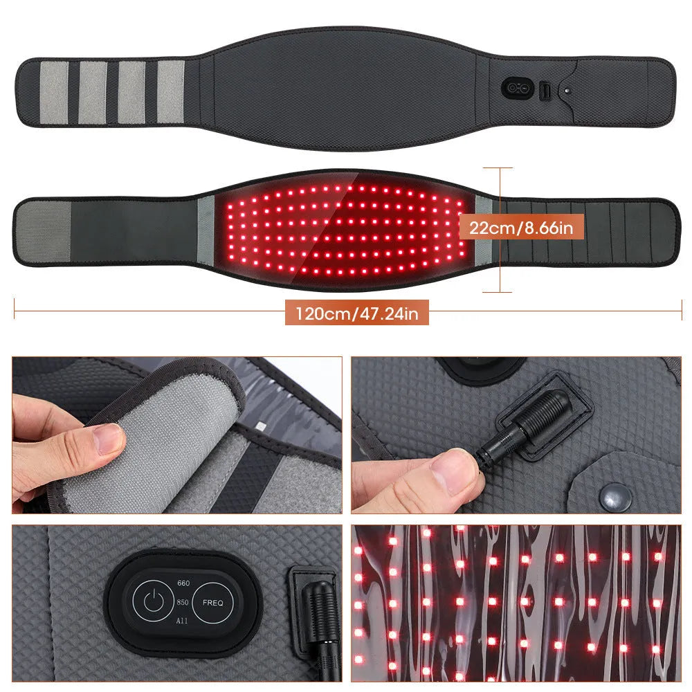 Grey neoprene electric waist belt with red light therapy beads for back pain relief