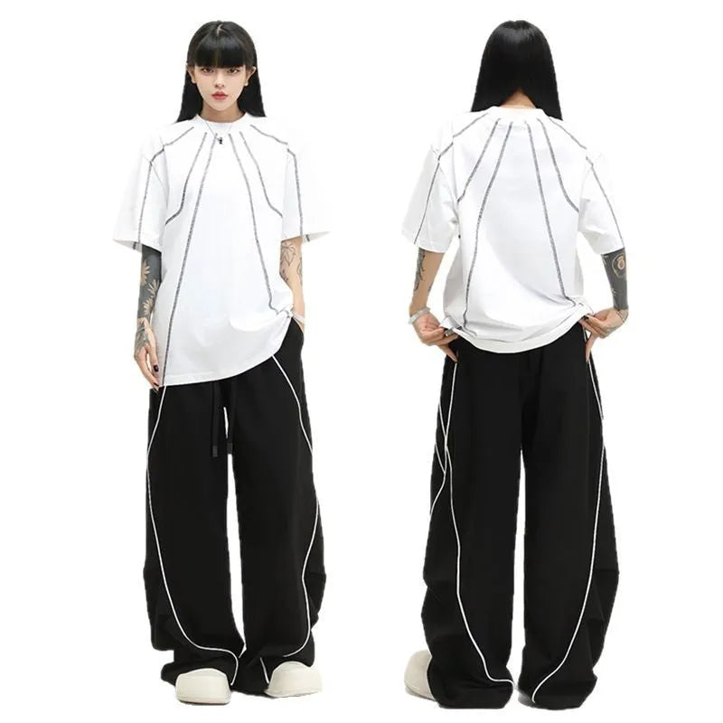 Black pleated wide-leg sports trousers with striped pattern and mid-waist design