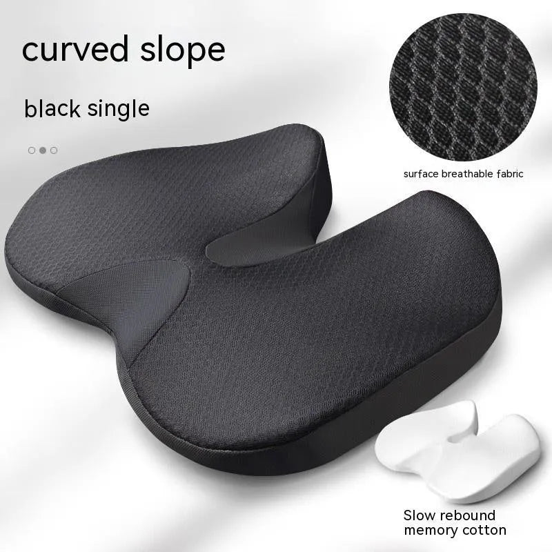 Curved bevel seat cushion in black with memory foam core for tailbone and lower back support