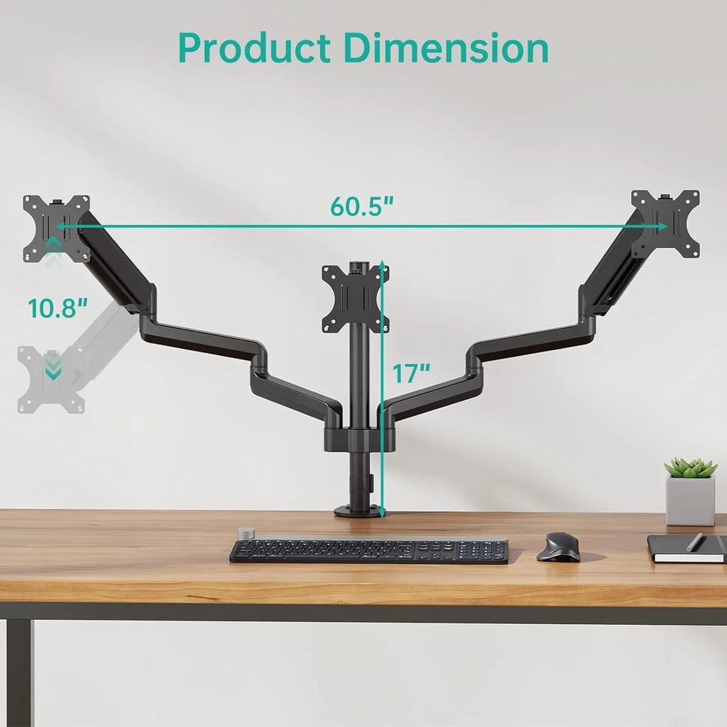Black three-arm gas spring monitor mount holding 27-inch screen with 360-degree rotation capability