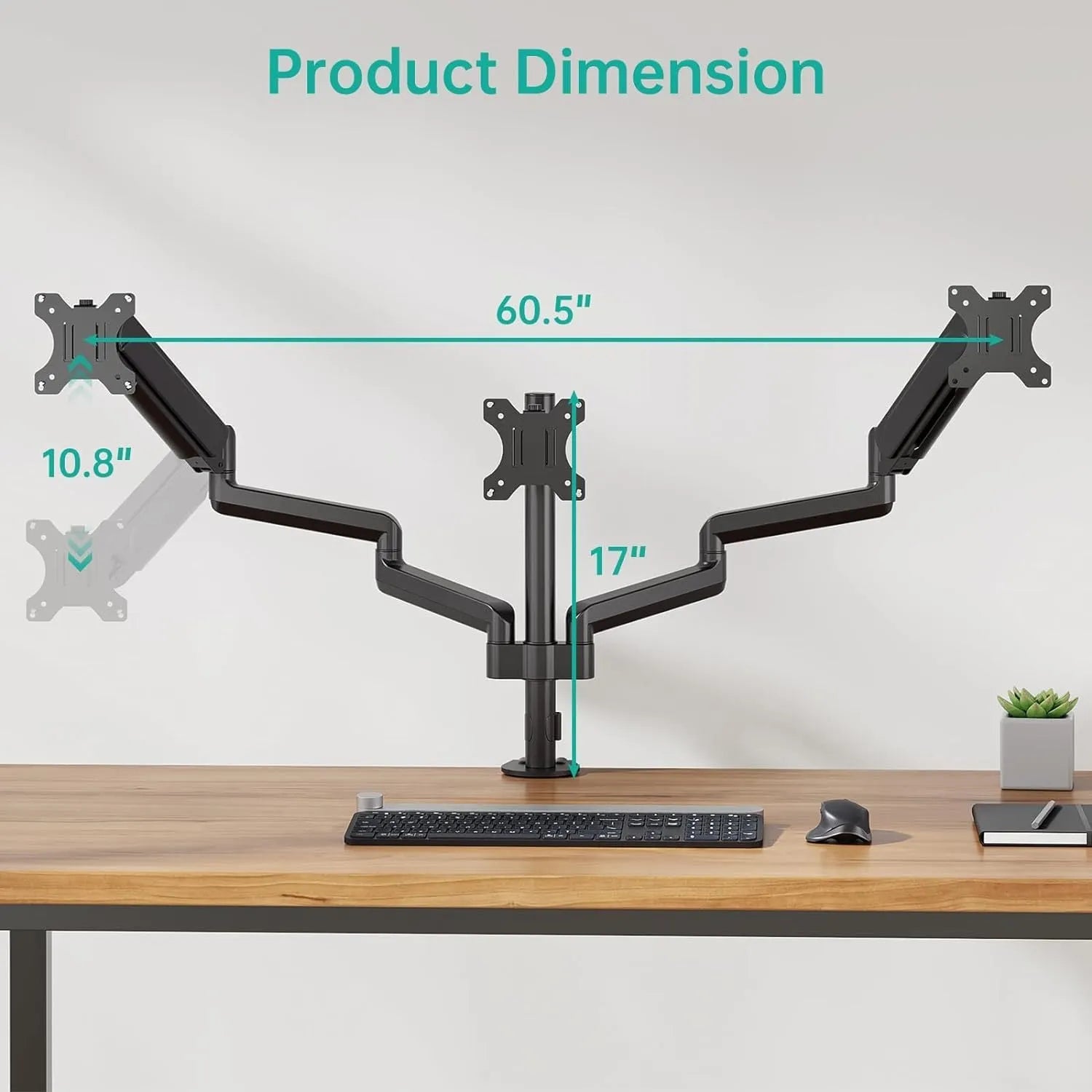 Black three-arm gas spring monitor mount holding 27-inch screen with 360-degree rotation capability