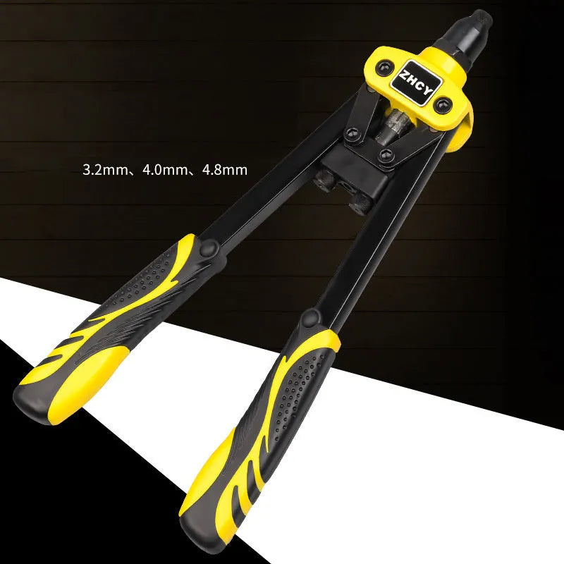 Yellow 13-inch manual rivet gun with three built-in tips for 3.2 mm, 4.0 mm, and 4.8 mm aluminium and steel household rivets