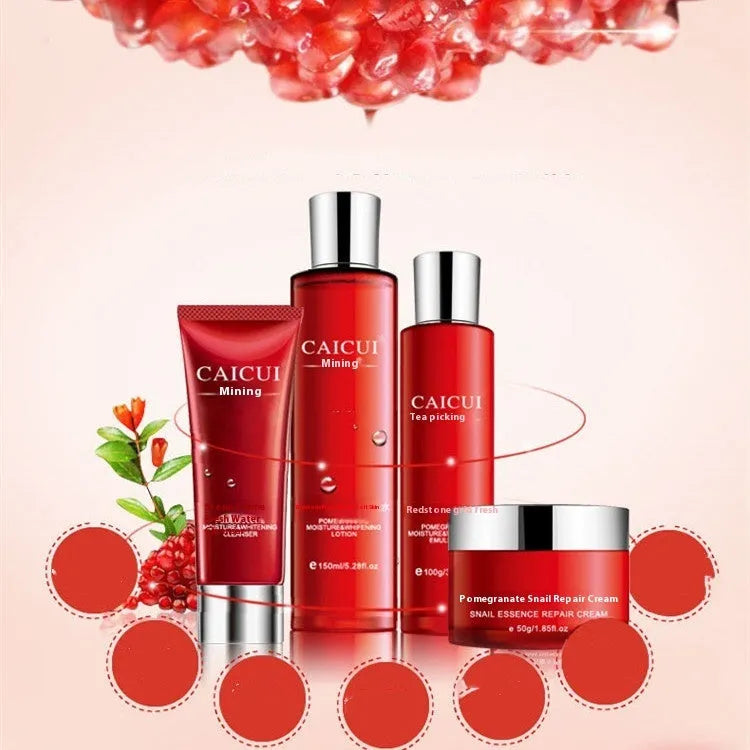 Pomegranate skin care set with 120ml face wash, 150ml toner, 100ml lotion, and 50ml facial cream in red packaging