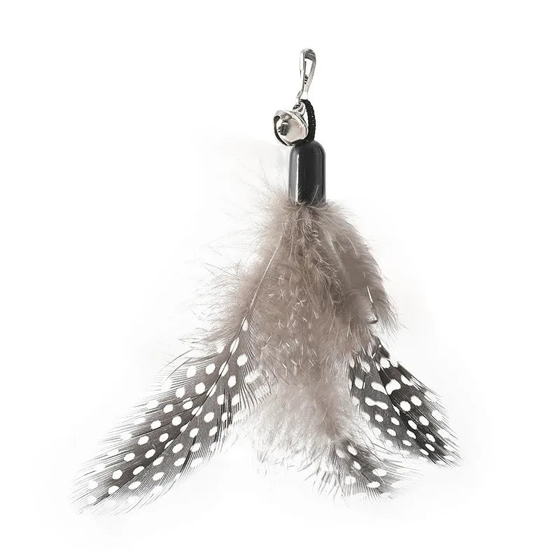 Cat teasing stick with wooden handle, flexible metal spring, and feather bell replacement head