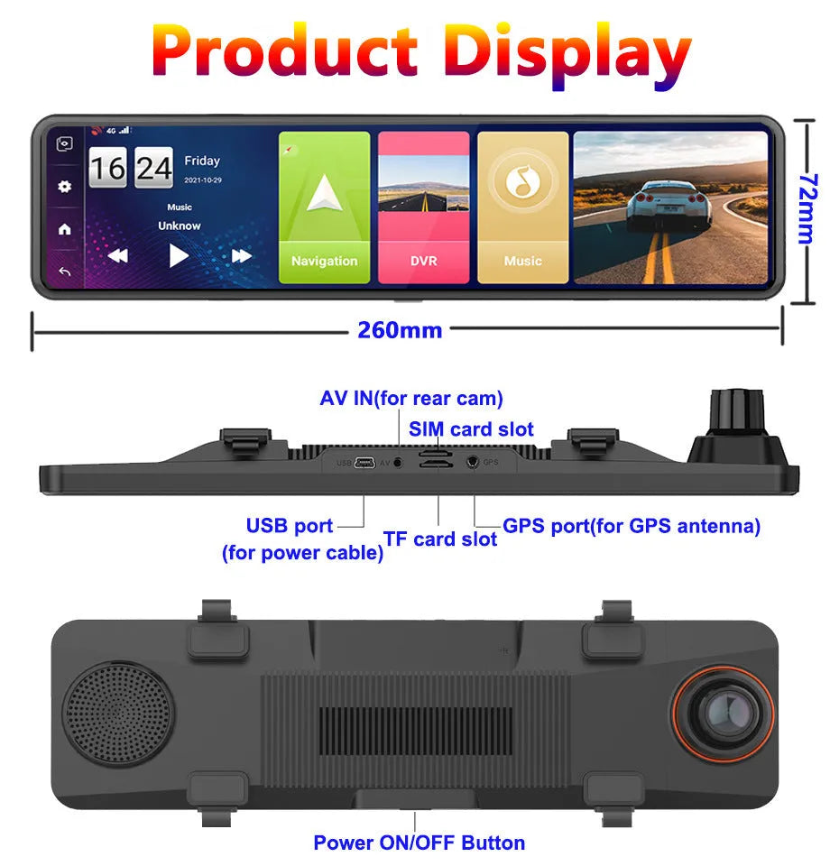 Black dual-channel car dash camera mounted as rearview mirror with touch screen and wide-angle lens