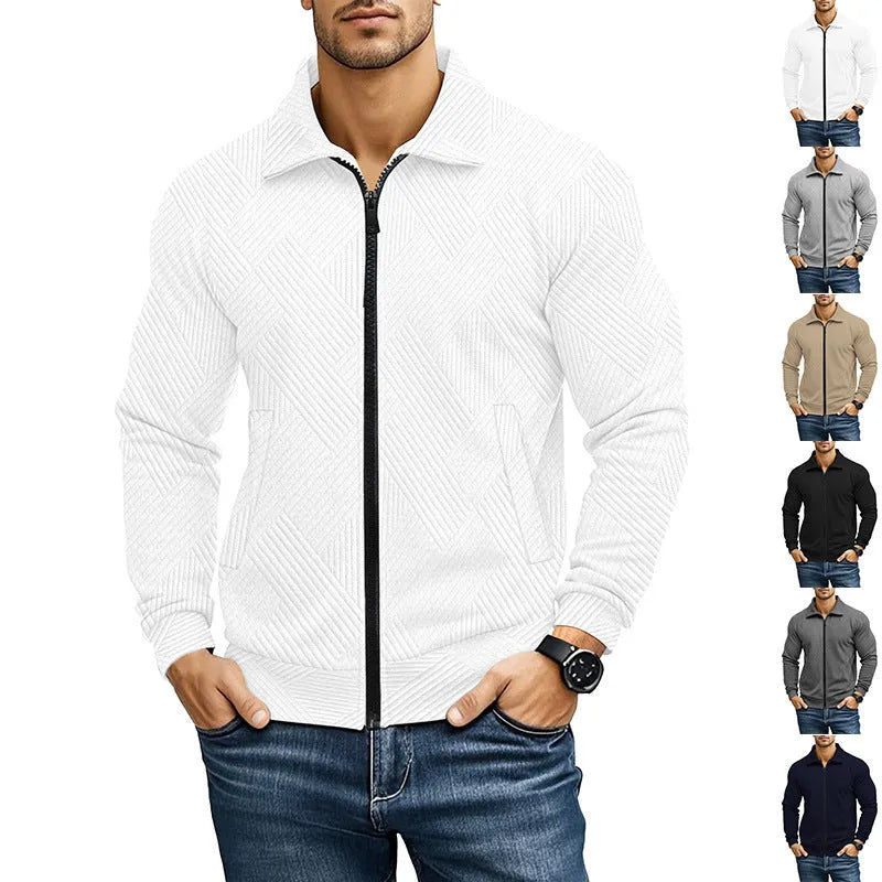 Men's solid colour British-style casual jacket with a turn-down waffle collar and long sleeves.