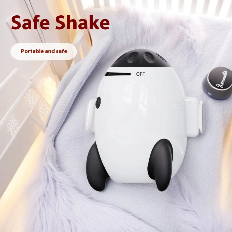 White baby stroller shaking device with automatic motion and Bluetooth for white noise, measuring 12x9.3x8cm