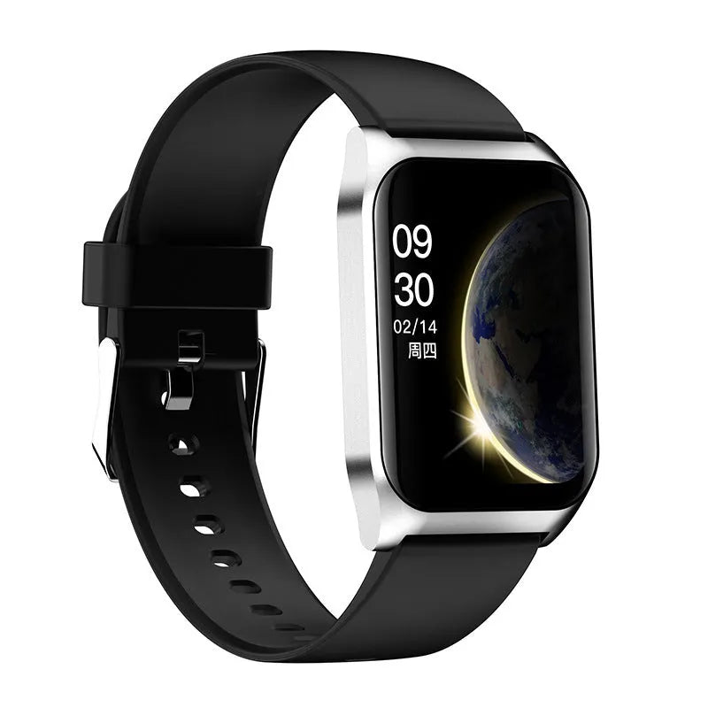 Black smart watch with 1.69-inch display on silicone wristband, showing Bluetooth call interface