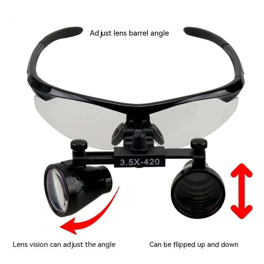 Black head-mounted dental magnifying glass with LED light, showing adjustable arms and large 420mm diameter lens