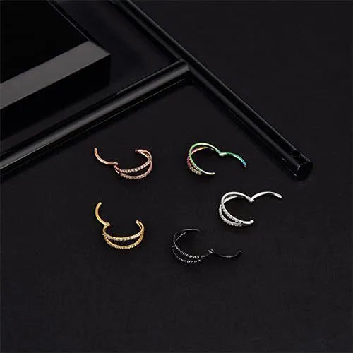 G23 titanium alloy nose ring with diamond treatment in steel or gold colour, showing 1.0mm and 1.2mm diameter options