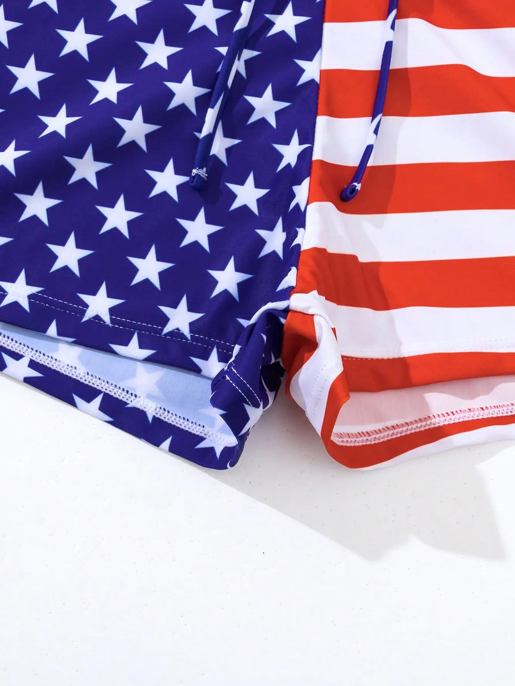 Women's high waist boxer style swimsuit with drawstring and stars and stripes pattern