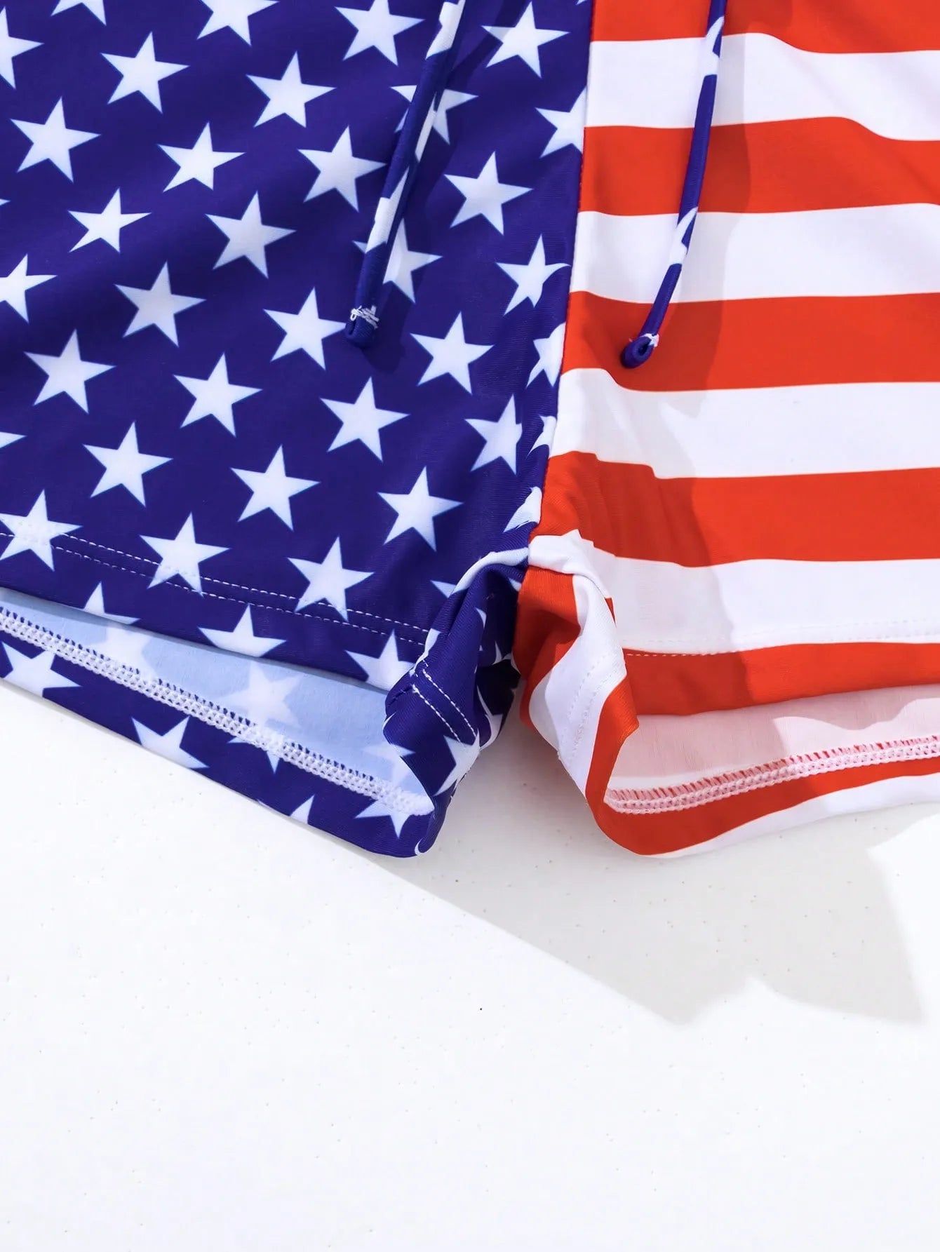 Women's high waist boxer style swimsuit with drawstring and stars and stripes pattern