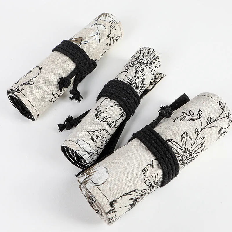 Black Peony printed cotton hemp canvas pencil roll bag showing 24-hole and 72-hole storage options