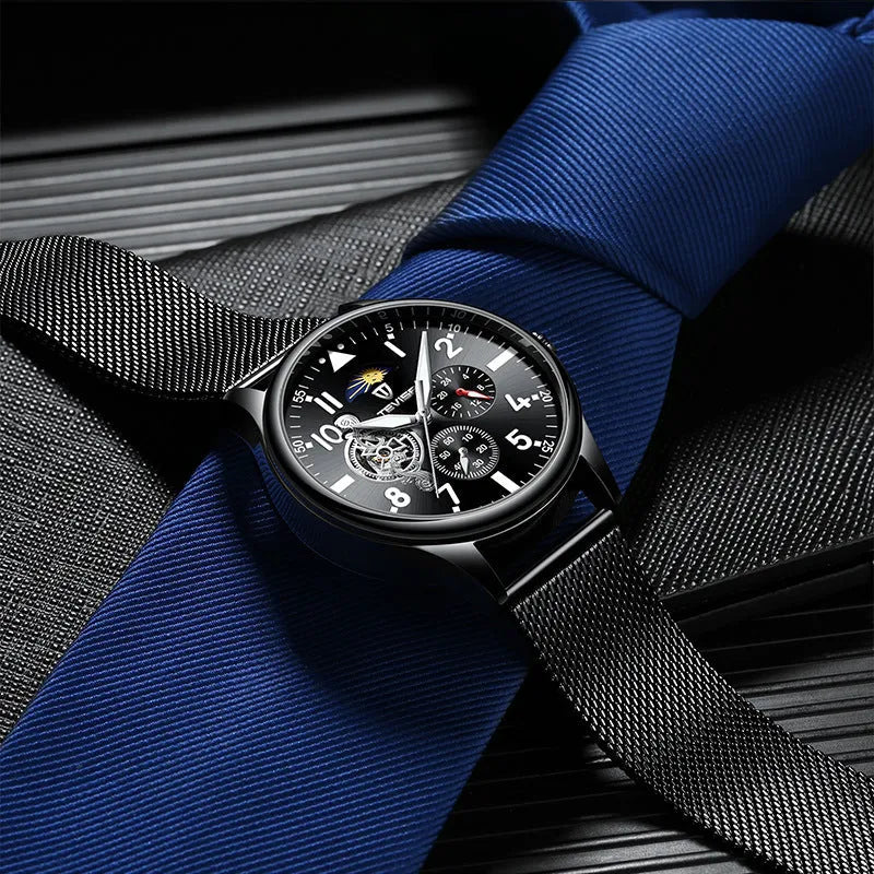 Black men's mechanical watch with moon phase display and luminous hands