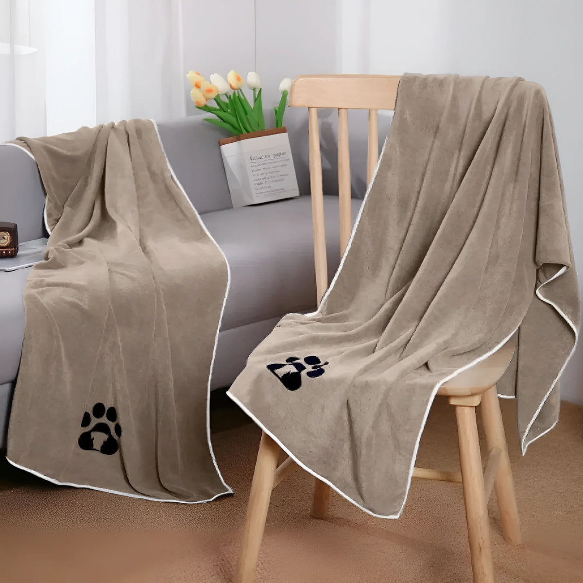 Brown ultra-fine fibre pet towel for dogs, available in 35x75cm and 50x100cm, water absorbing and quick drying.