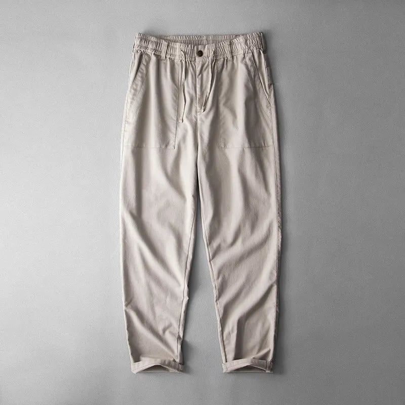 Men's linen casual trousers in navy blue, apricot, or grey with mid waist design