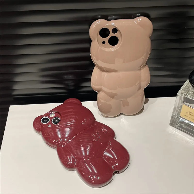 Silicone iPhone case with 3D bear design in khaki or wine red, anti-fall soft shell for iPhone 11-14 models