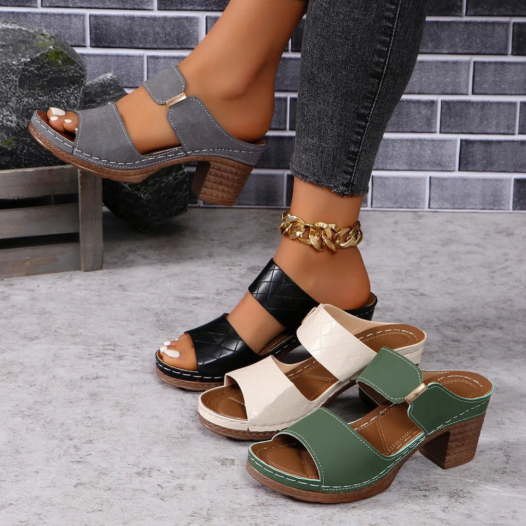 Women's chunky heel sandals with round toe, PU upper, plaid slides design and rubber sole in black beige green grey