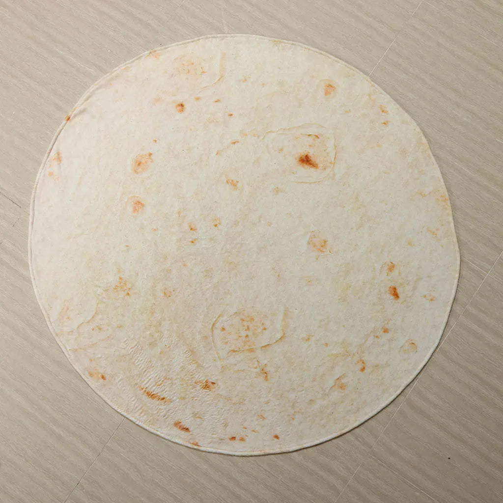 Flannel burrito blanket with food-themed print, showing soft microfiber fleece texture and round or rectangular shape options