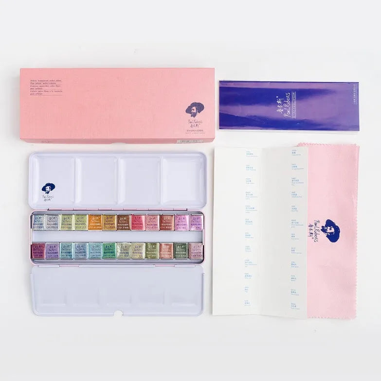 Solid watercolour paint set with pearl finish showing 12 or 24 colour pans in a case.