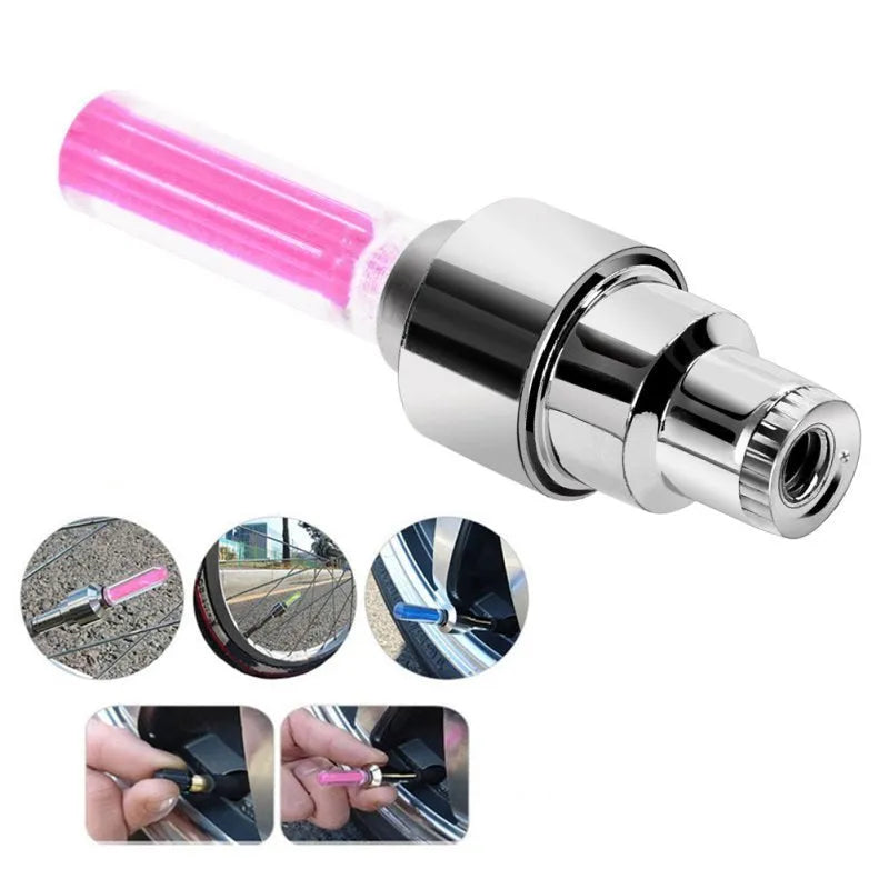Stainless steel tyre valve light for car, bike and motorcycle in pink, blue or green with battery included