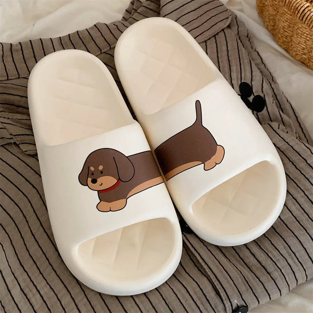 Couple EVA slippers in milky white, desert brown, and black brown with printed stitching