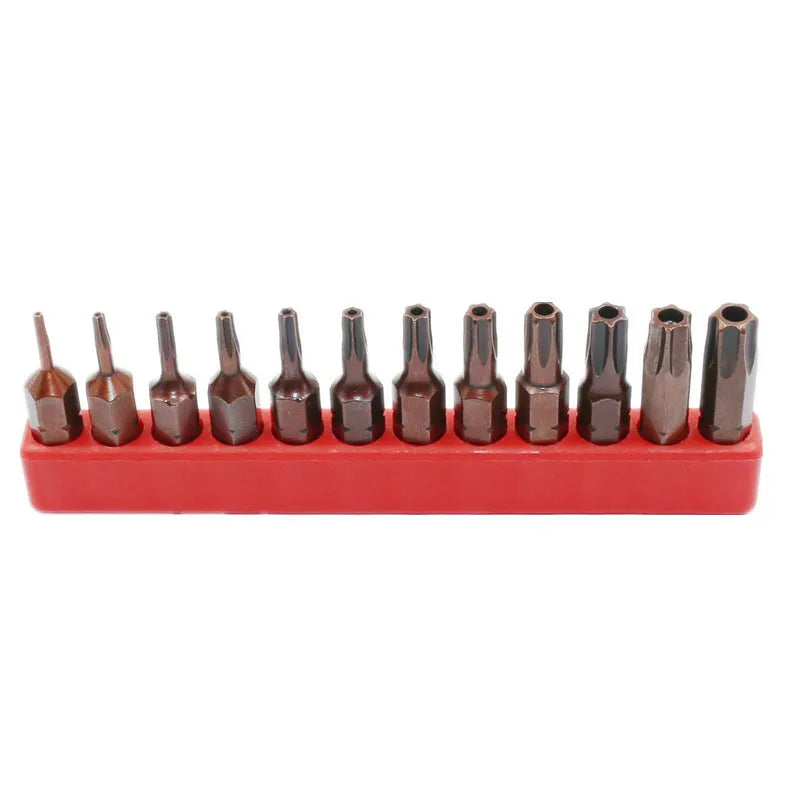 Set of 12 black magnetic screwdriver bits with T6 to T40 sizes and hollow or solid hexagon tips