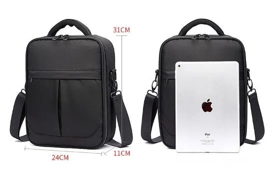 Black Oxford fabric men's messenger shoulder bag shown from the front.
