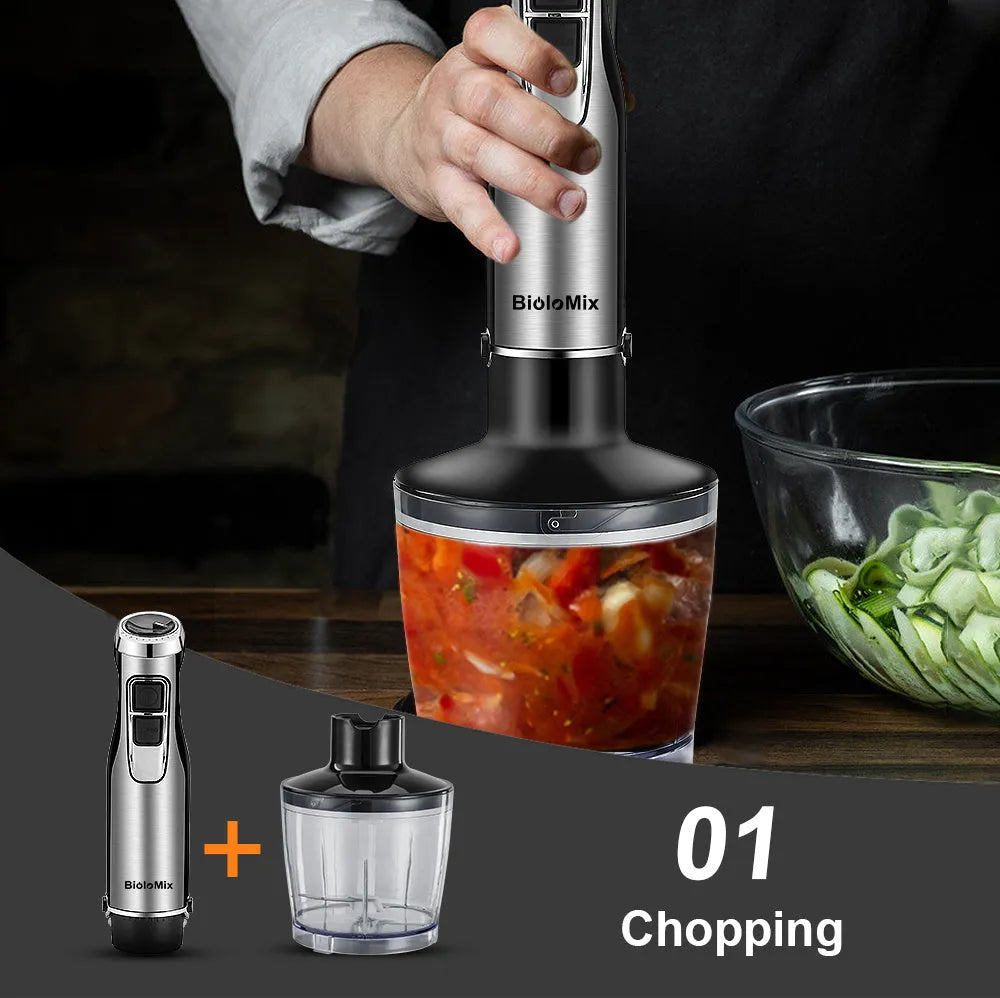 Biolomix silver hand blender with stainless steel attachments including whisk, chopper bowl, and blending beaker