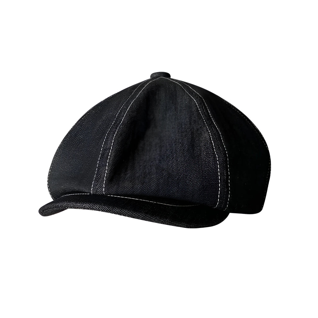 Black cotton beret with Japanese denim fabric in octagonal retro design for men and women