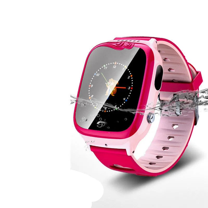 Blue children's smartwatch with a square HD screen and silicone strap on a wrist
