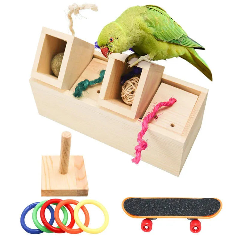 Wooden parrot puzzle training toy set for bird mental stimulation and foraging.