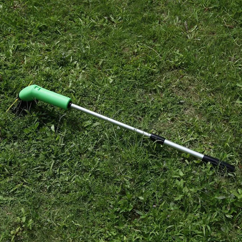 Cordless lawn trimmer with extension pole and protective debris shield for garden trimming tasks