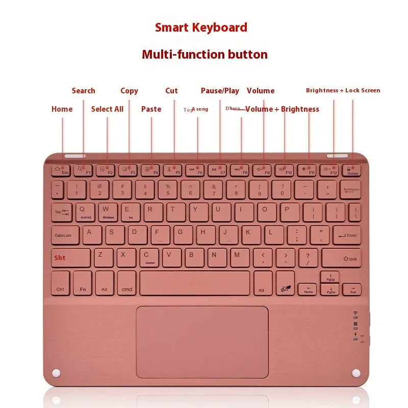 10 inch Bluetooth keyboard with touchpad, Type-C rechargeable, shown in black with colour options.