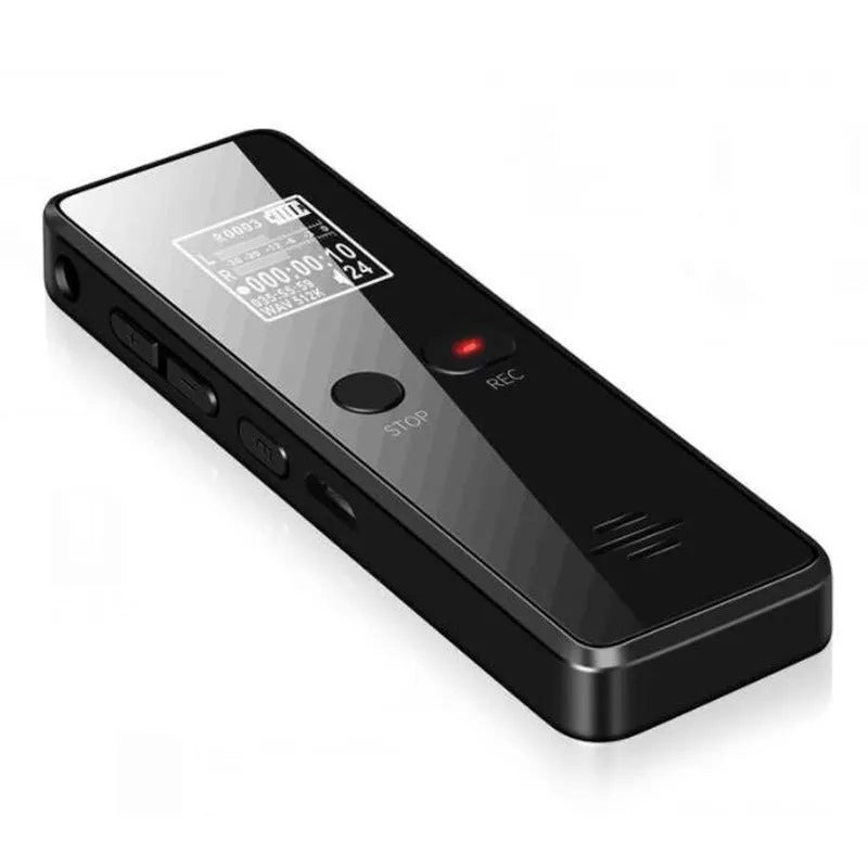 Black zinc alloy USB flash drive voice recorder and MP3 player shown next to its USB cable.