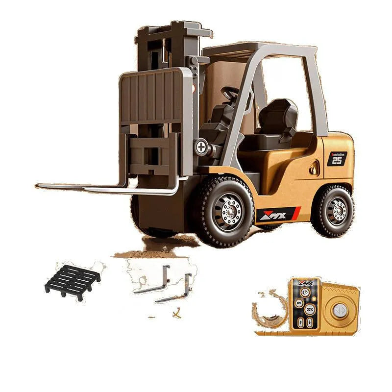 1:64 scale mini alloy forklift remote control car with cargo accessories on a table