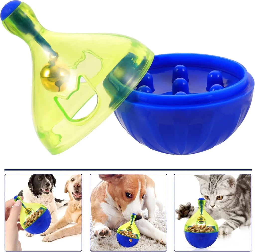 Tumbler-shaped pet treat dispenser with dimensions 14cm height, 10cm width, 10cm depth for slow feeding