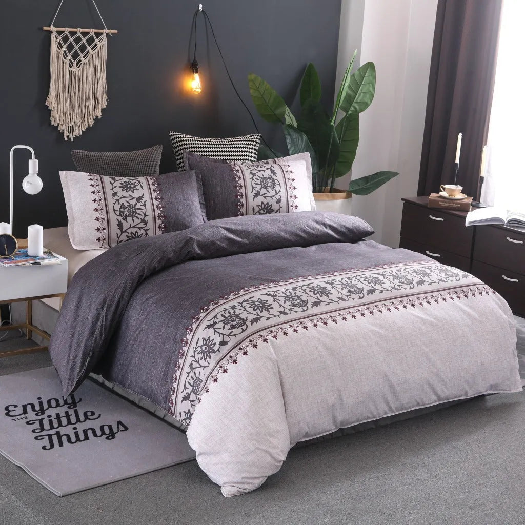 Polyester quilt cover and pillowcase bedding set in a plain weave with coloured edging.