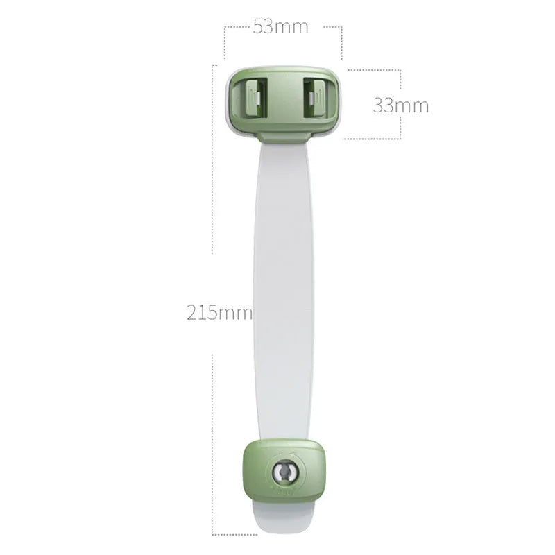 Grey and green adjustable adhesive child safety lock straps for cabinets and drawers.