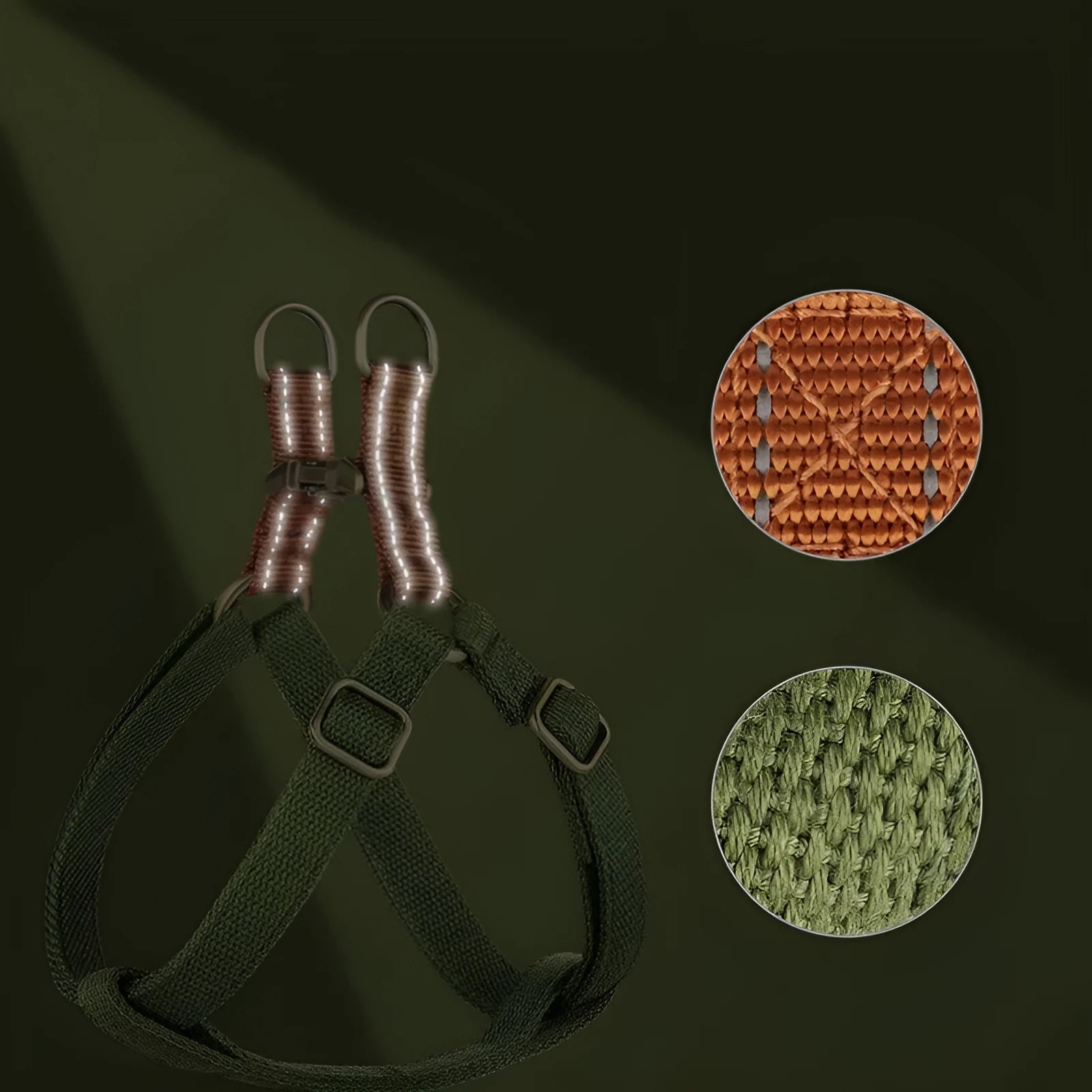 Brown vest-style dog leash worn on a person, showing the cotton belt and alloy fastener.