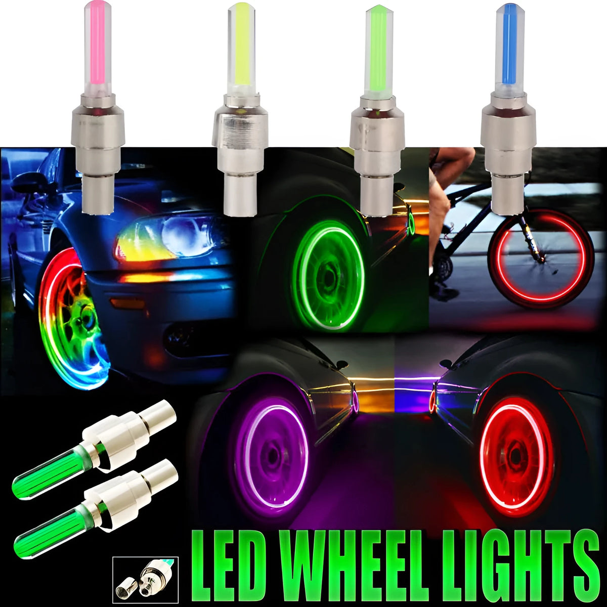 Stainless steel tyre valve light for car, bike and motorcycle in pink, blue or green with battery included