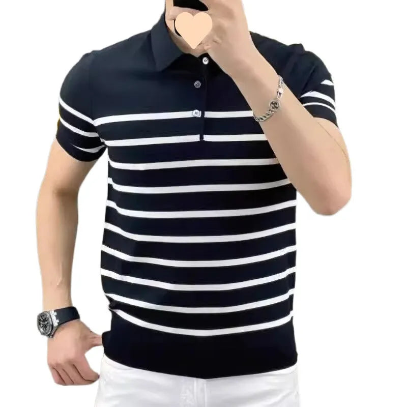Black and white striped lapel knitted T-shirt with pullover style and non-ironing fabric