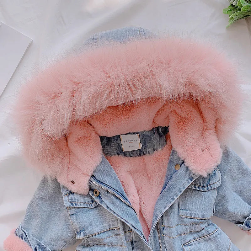 Girls blue denim coat with attached hat and velvet lining for winter wear