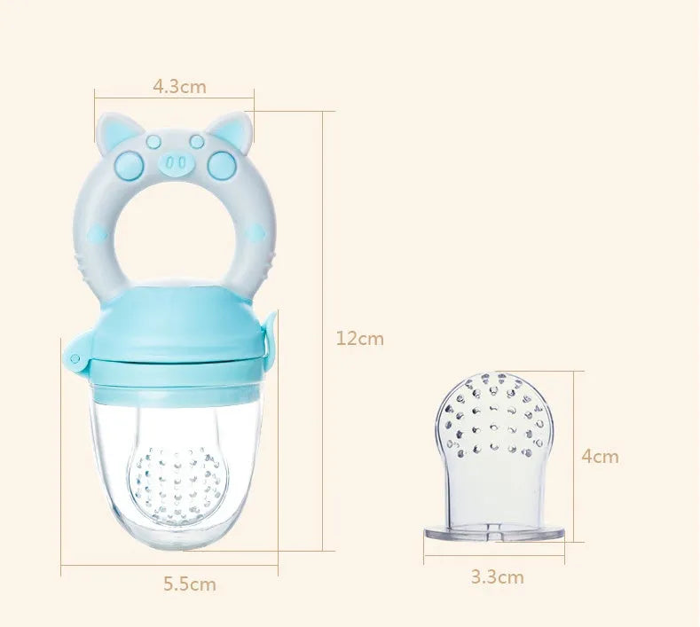 Silicone baby teether in blue with three interchangeable mouthpiece textures, measuring 8cm in length