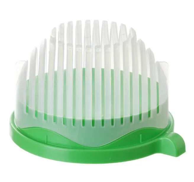 Blue BPA-free plastic salad cutter bowl with cutting grid lid on a white base with raised edges.